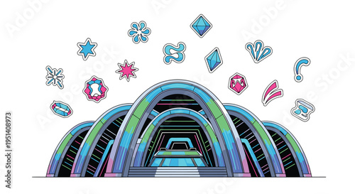 Futuristic Tunnel with Colorful Shapes and Symbols.