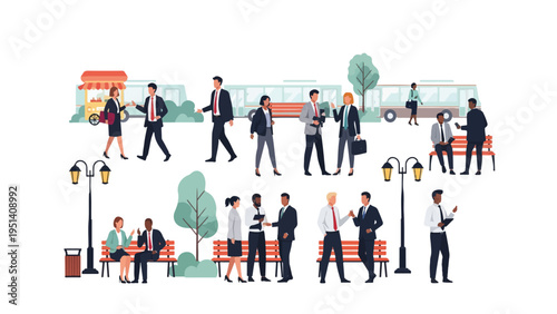 Professional team discussion and collaboration during an outdoor park business meeting, people sharing ideas in a modern vector illustration scene.