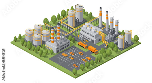 Isometric illustration of an industrial complex with factories, warehouses, and vehicles on a green landscape