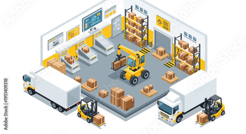 Isometric illustration of a warehouse with forklifts loading packages into trucks