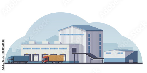 Factory with trucks shown in flat style on a light cityscape background, representing logistics and industry. Vector illustration