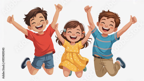 Three happy diverse children jumping with joy celebrating success and freedom isolated on a white background for graphic design