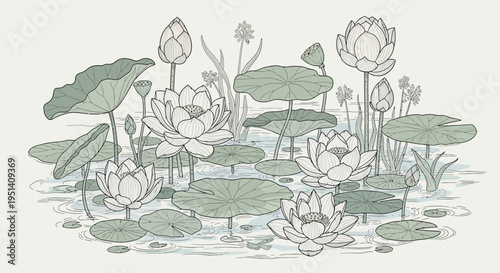 Serene Water Lily Pond Illustration: Blooming Flowers and Lily Pads