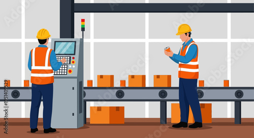 Illustration of two factory workers in safety gear operating near a conveyor belt with boxes in a warehouse