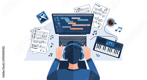 Music Producer Working on Laptop with Headphones.