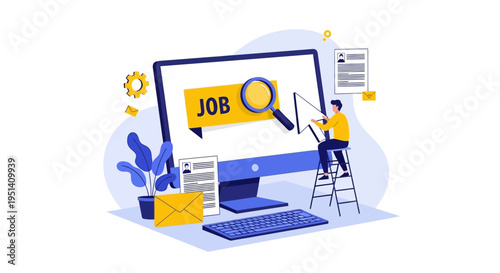Flat illustration of a man searching for a job on a computer with a magnifying glass and documents around.