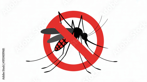 Red prohibition sign with a mosquito inside symbolizing pest control and insect repellent isolated on white background
