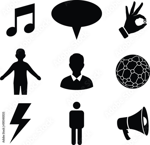 Collection of black and white icons on white background