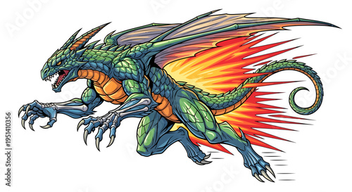 Powerful green dragon with fiery orange wings in a dynamic flying pose, depicted on an isolated white background.