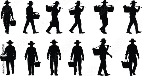 Silhouettes of people carrying baskets with wide brim hats, walking poses, traditional lifestyle vector illustration showing motion sequence and cultural design