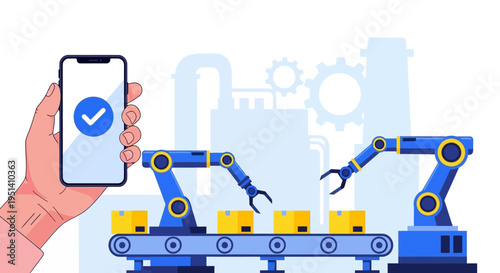 Hand holding smartphone with blue checkmark controlling robotic arms on assembly line