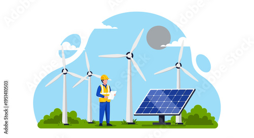 Illustration of a worker standing next to solar panels and wind turbines on a green field with a sunny sky.