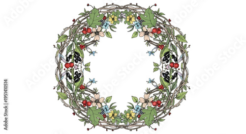 Floral Wreath with Berries and Leaves, Nature's Circle Design