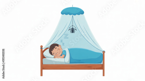 Boy sleeping peacefully under a mosquito net safe from insects illustration for child safety and healthy sleep concept isolated on white
