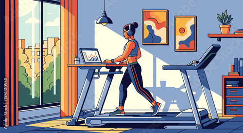 Woman Exercising on Treadmill at Home Office.