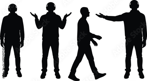 Silhouettes of people with headphones and gestures, walking figure, expressive poses, communication concept vector illustration showing modern lifestyle and interaction