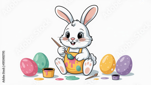 Cute cartoon Easter bunny painting colorful eggs festive illustration for spring holiday celebrations isolated on white background