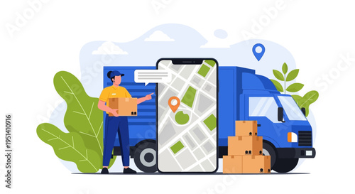 Illustration of a delivery man standing next to a blue truck with a large smartphone displaying a map and several cardboard boxes with green leaves and a blue location