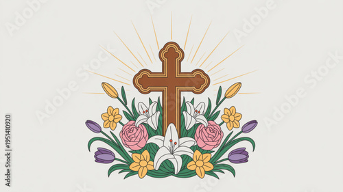 Christian cross with spring flowers and sun rays religious symbol for Easter and resurrection isolated on light background