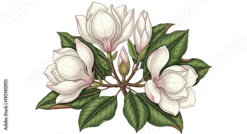 Delicate Magnolia Blossoms and Leaves Isolated on White Background