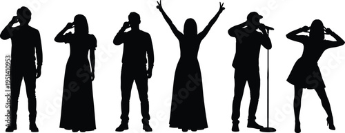 Singer and performer silhouettes with microphone singing on stage, male and female vocal artists isolated vector set for music concert design