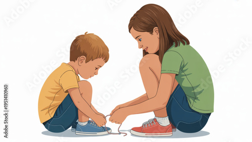 Older sister teaching younger brother to tie shoelaces illustration of childhood learning and family bonding isolated on white background