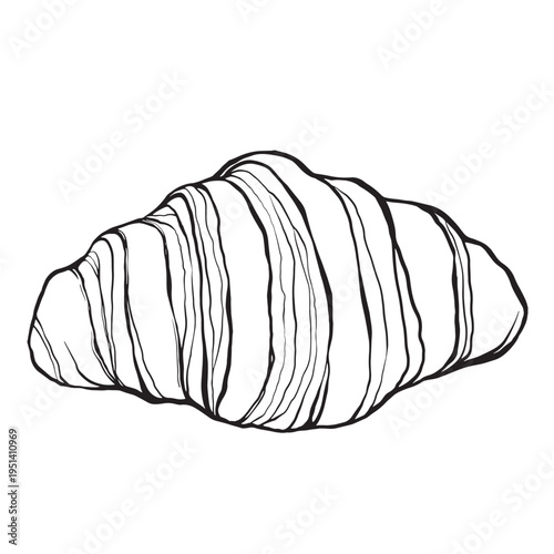 Sketch of outline croissant for coloring. Hand-drawn ink vector illustration of a Danish pastry, with linear graphic elements for food design, isolated on white background.