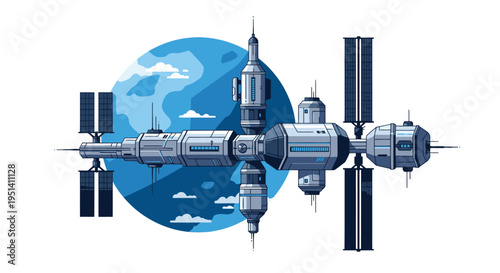 Space Station Orbiting Earth with Solar Panels.