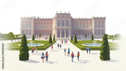 Grand palace with manicured gardens and fountains people strolling on a sunny day architectural illustration for travel and tourism concepts