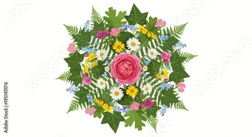Floral Mandala with Rose, Daisies, Ferns, and Ivy on White Background
