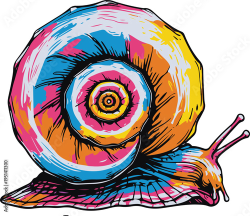 Colorful bold line art sticker of a snail with a badly drawn spiral shell, rough hand-drawn style, uneven lines, white background 3