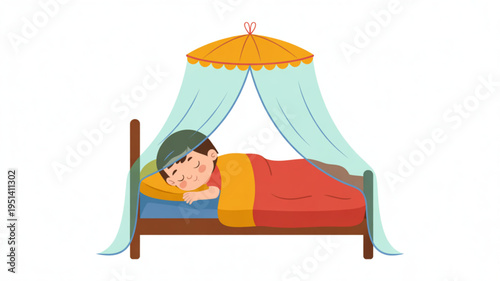 Young boy sleeping peacefully in a bed with a mosquito net illustration of rest and comfort for children isolated on white background