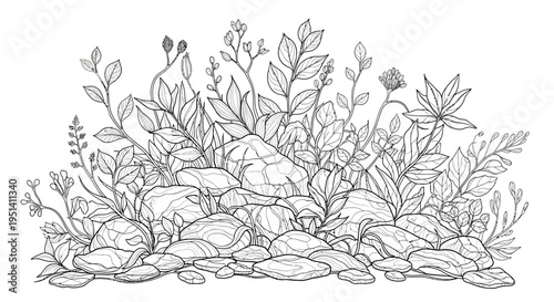 Hand-Drawn Botanical Illustration: Rocks and Delicate Wildflowers, Black and White Sketch