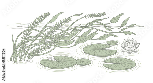 Aquatic Plants Illustration: Water Lilies, Underwater Flora, Pond Life