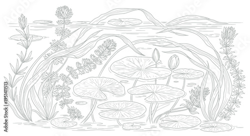 Underwater Pond Ecosystem Illustration: Lily Pads, Aquatic Plants, and Landscape