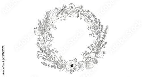 Botanical Wreath Line Drawing, Floral Circle Frame, Hand Drawn Herbs and Flowers