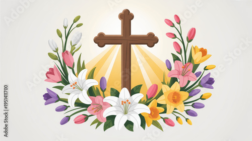 Christian cross with vibrant spring flowers and light rays symbolizing resurrection and new life perfect for Easter and religious themes