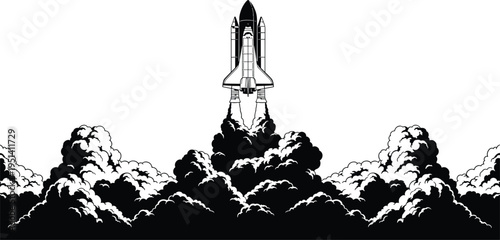 Space shuttle rocket launch with smoke clouds silhouette style isolated vector illustration for space exploration mission aerospace technology concept