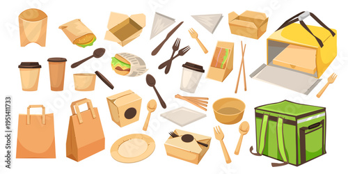 Various food delivery packaging items in cartoon style on white background symbolizing eco takeaway supplies. Vector illustration