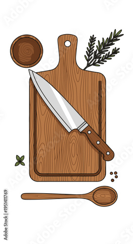 Kitchen Utensils on Wooden Chopping Board.