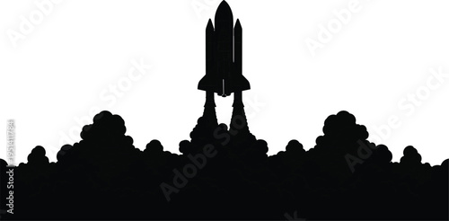 Space shuttle rocket launch silhouette with smoke clouds isolated vector illustration for space exploration technology mission aerospace science concept design