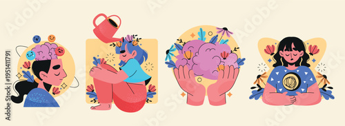 Set of small mental health themed mini illustration compositions flat cartoon style