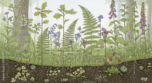 Forest Floor Ecosystem Illustration: Plants, Roots, and Wildflowers