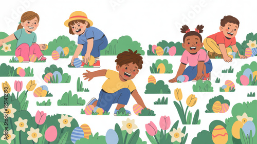 Diverse children enjoying an Easter egg hunt in a spring garden collecting colorful eggs among flowers and bushes perfect for holiday celebrations and kids activities