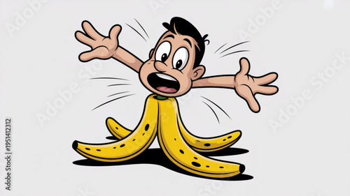 Cartoon man slipping on a banana peel a comical accident illustration for concepts of bad luck surprise or failure isolated on white