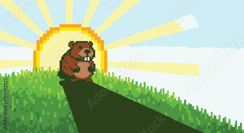 Cartoon Beaver Standing on Grassy Hill.