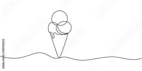 Ice cream balls in waffle cone in continuous line art drawing style. one line Art icon drawing, Ice cream in a waffle cone in one line art style. Minimalist illustration of a summer dessert drawn