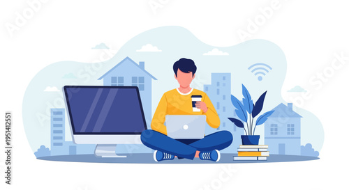 Illustration of a man sitting cross-legged with a laptop and coffee in a suburban setting