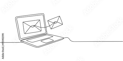 Laptop and envelope e mail list building illustration continuous one line art illustration. Can used for logo, emblem, slide show and banner.