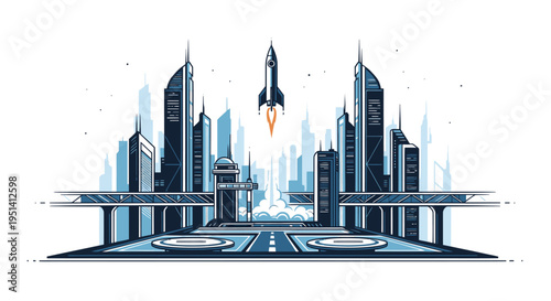 Futuristic Cityscape with Rocket Launching into Space.
